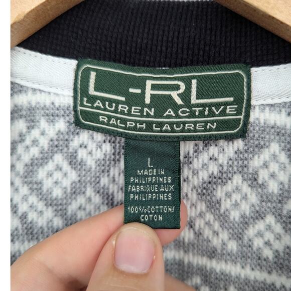 Lauren Ralph Lauren Active Black & White Fair Isle 1/4 Zip Sweater L 100% Cotton - Picture 3 of 3